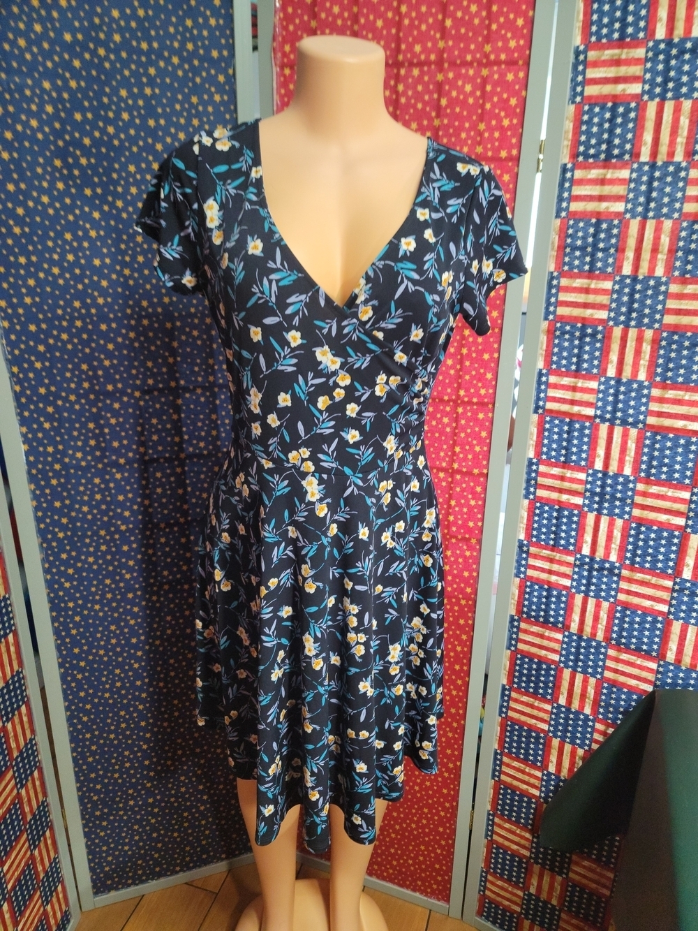 Kaileigh Navy Floral Wrap-Style Midi Dress with Yellow Blossoms